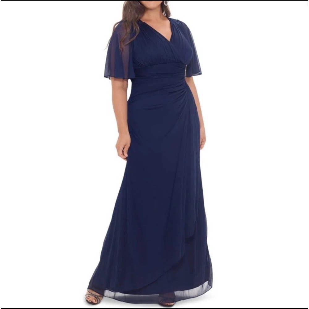 Betsy & Adam Navy Blue Lace Back Flutter Sleeve Ruched Maxi Gown Dress Size 14